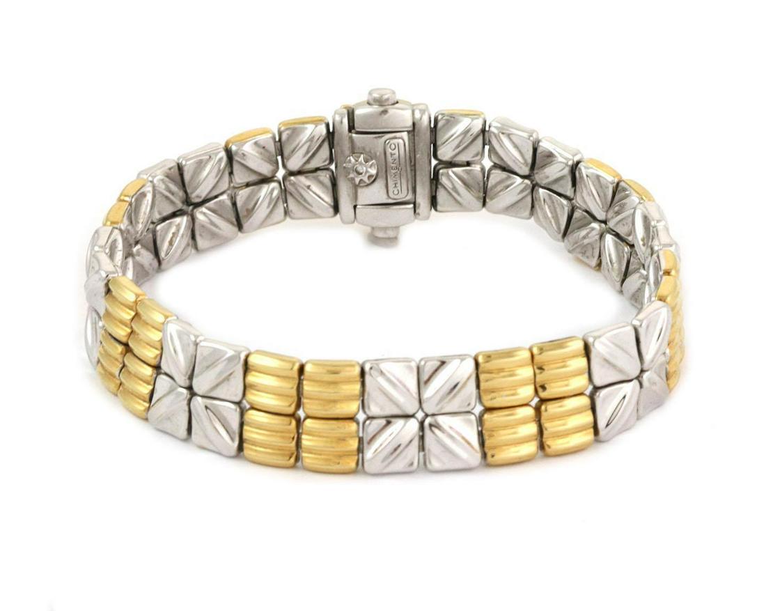 Chimento 18k Two Tone Gold Fancy Flower Style 12mm Wide Bracelet: This is an elegant bracelet from Chimento, it is crafted from 18k yellow and white gold with a polished finish and features alternating white gold flower links set with double row ribbed bar links in