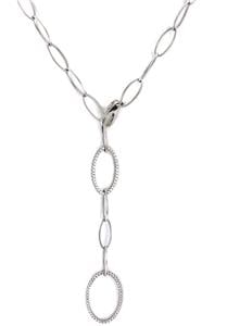 Elegant Diamond 14k White Gold Long Link Chain Pendant Necklace: This lovely chain necklace is crafted from 14k white gold featuring marquee link chain with a large lobster clasp, the long dangle pendant has medium and large diamond decorated link with 3 smaller po