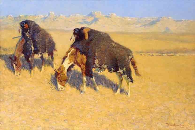 REMINGTON **INDIANS SIMULATING BUFFALO** CANVAS: Artist: Frederic Sackrider Remington Title: Indians Simulating Buffalo Medium: Fine Art Giclee on Canvas Image Size: Approximately 32 inches x 21 ¼ inches Framed: Unframed on Unstretched Canvas