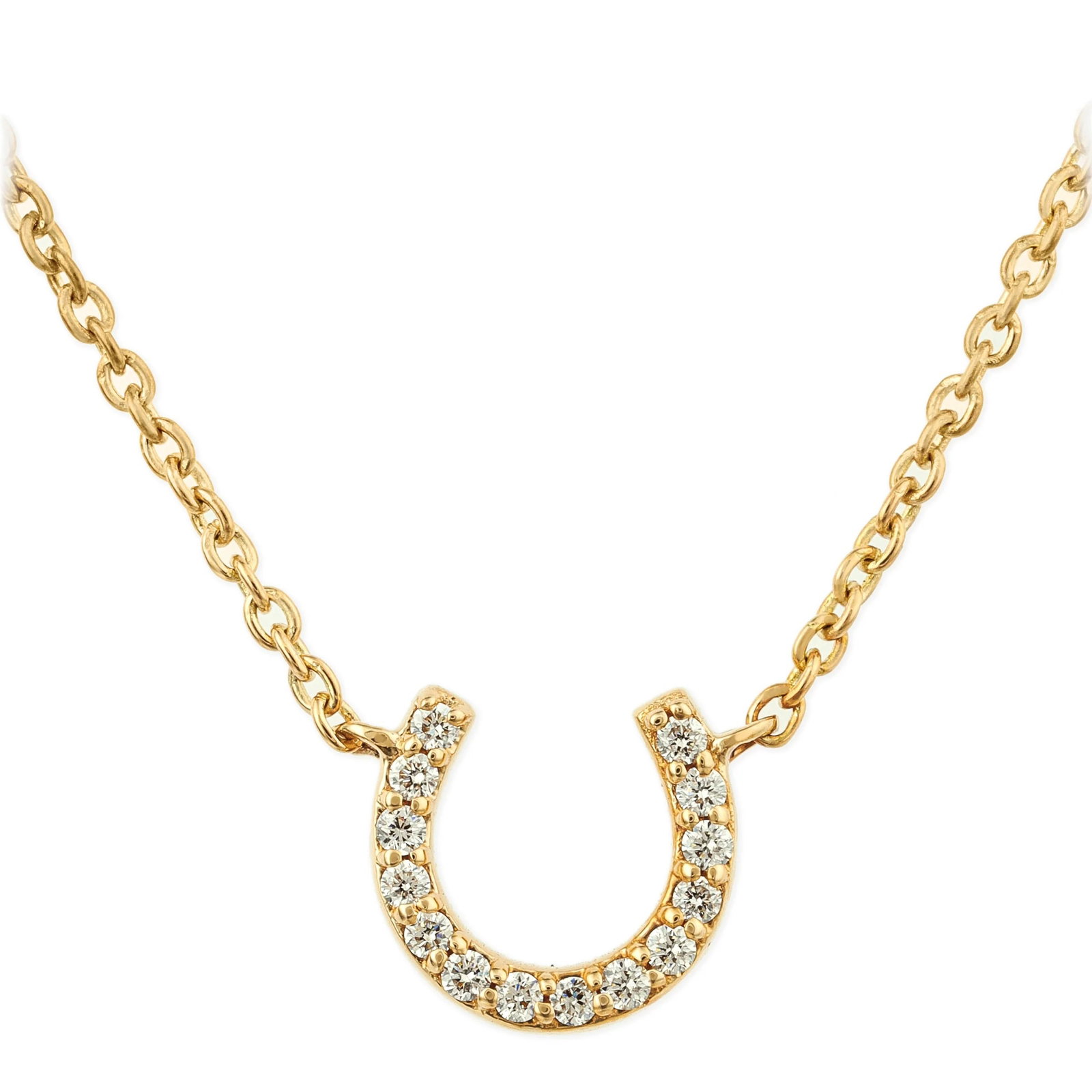 DIAMOND HORSESHOE NECKLACE: 14KT DIAMOND HORSESHOE SHAPENECKLACE18" LONG CHAIN WITH RING ON 16" & 17" EXTENDER14KT. GOLD WT. APPROX. 2.20GRAMDIAMOND WT. APPROX. 0.07CT/ 14PCS