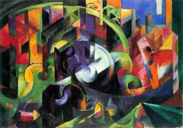 MARC **ABSTRACT WITH CATTLE** GICLEE: Artist: Franz Marc Title: Abstract with Cattle Medium: Fine Art Giclee on Canvas Image Size: Approximately 22 ½ inches x 32 inches Framed: Unframed on Unstretched Canvas Biography: Franz Moritz