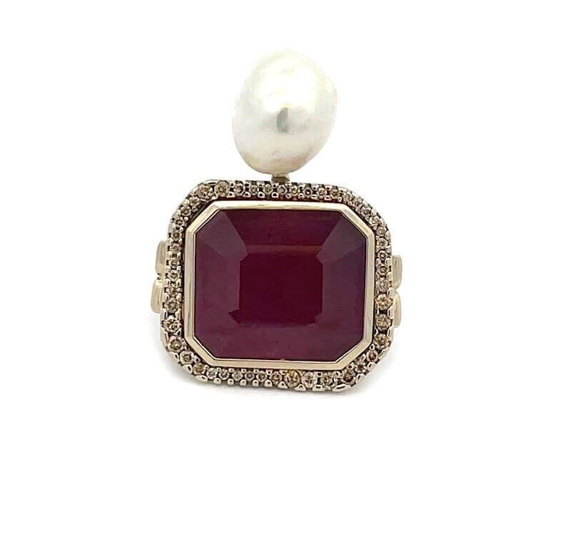 H.Stern Ruby Ring Diamond Pearl 18k Gold Scroll Design Octagon Halo Top (1 of 5)