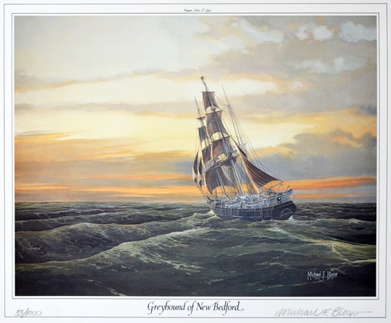 BLASER ** GREYHOUND OF NEW BEDFORD ** GICLEE: Artist: Michael Blaser Title: Greyhound of New Bedford Medium: Giclee on Paper Image Size : Approximately 14 inches x 18 inches Paper Size : Approximately 20 inches x 24 inches Limited Edition: 1000 F