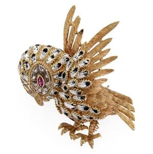 Lovely Diamond Ruby Enamel 18k Gold Owl Brooch (1 of 4)