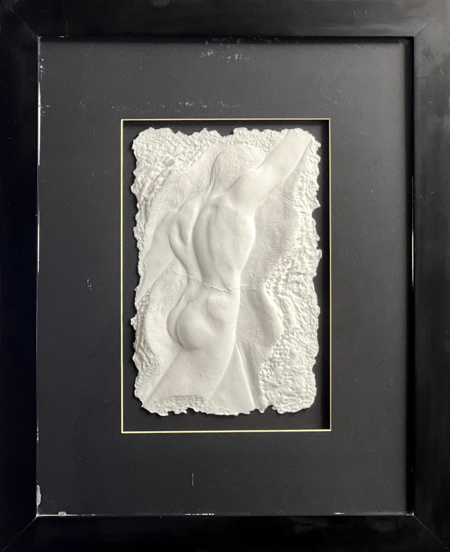Roberta Peck Volupte Male Hand Signed Hand Cast Paper Original One of a Kind Male Nude: Artist: Roberta Peck Title: Volupte Male Medium: Hand Cast Paper, Custom Framed Edition Type: Original One of a Kind Signature: Hand Signed Dimensions: 9 x 13 inches Overall Dimensions: 19 x 23 inches