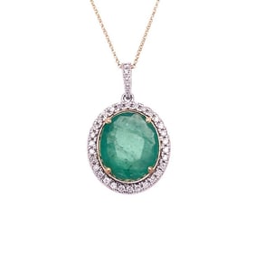 14KT GOLD DIAMOND/ EMERALD OVAL SHAPE PENDENT