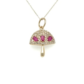 14KT YELLOW GOLD MUSHROOM PENDANT WITH RUBY AND DIAMONDS