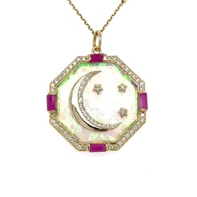 14KT YELLOW GOLD STAR MOON OPAL PENDANT WITH DIAMONDS