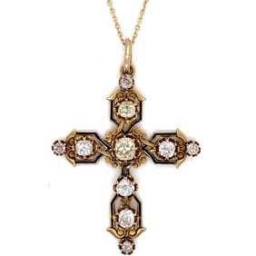 Victorian 18K & 14K Yellow Gold 3.50 Ct. Diamond Cross Necklace