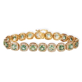 14KT DIAMOND GREEN SAPPHIRE CUSHION SHAPE BRACELET