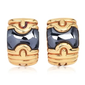 Vintage Bvlgari Parentesi 18K Yellow Gold Hematite Hoop Earrings