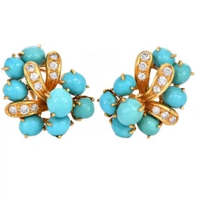 Vintage Diamond Turquoise 18K Gold Grape Vine Motif Earrings