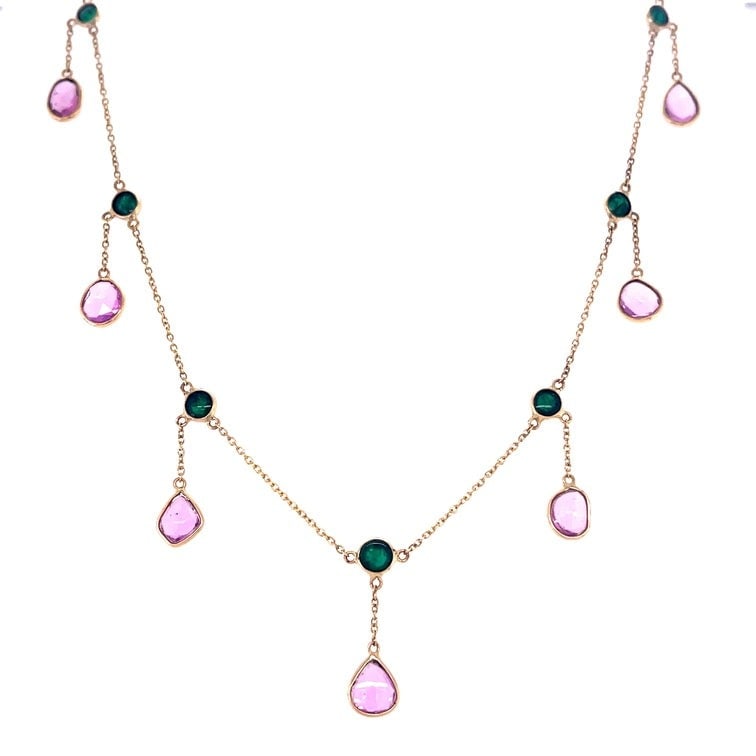 14KT YELLOW GOLD PINK SAPPHIRE/EMERALD NECKLACE: 14KT YELLOW GOLD PINK SAPPHIRE/EMERALD NECKLACE18" LONG CHAIN WITH ADJUSTABLE RING ON 16" & 17" EXTENDERGOLD WT. APPROX. 3.29 GRAMSTONE: PINK SAPPHIRE/EMERALDSTONE WT. APPROX. 6.07 CARAT