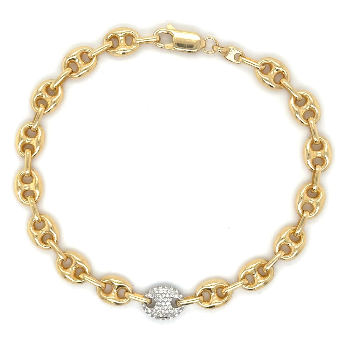 14K YELLOW GOLD HOLLOW PUFF MARINER BRACELET WITH DIAMOND LINK (1 of 3)