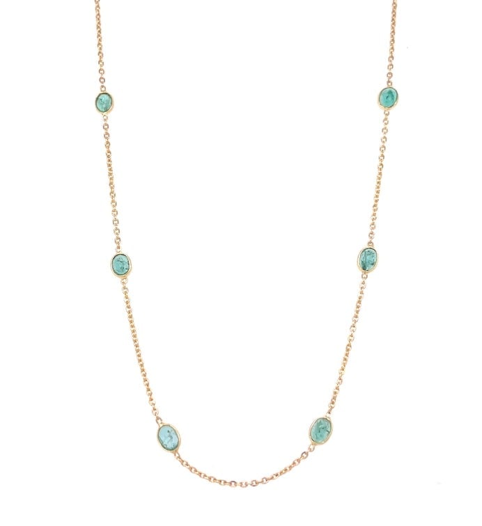 18KT GOLD BEZELED EMERALD NECKLACE: 18KT GOLD BEZELED EMERALD NECKLACE18" LONG CHAIN WITH ADJUSTABLE RING ON 16" & 17" EXTENDERSTONE WT. APPROX. 1.46CARAT18KT GOLDWT. APPROX.2.00GRAMSTONE: EMERALDSTONE WT. APPROX. 1.46CARAT