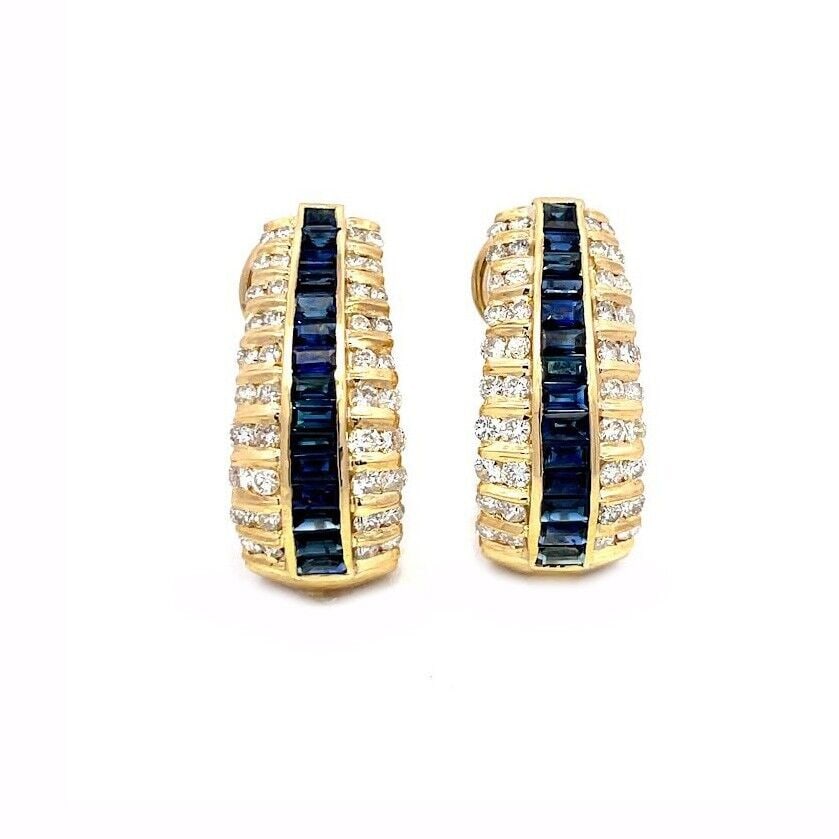 Diamond Sapphire Hoop Earrings 18k Yellow Gold Post Clip Oval Style (1 of 5)