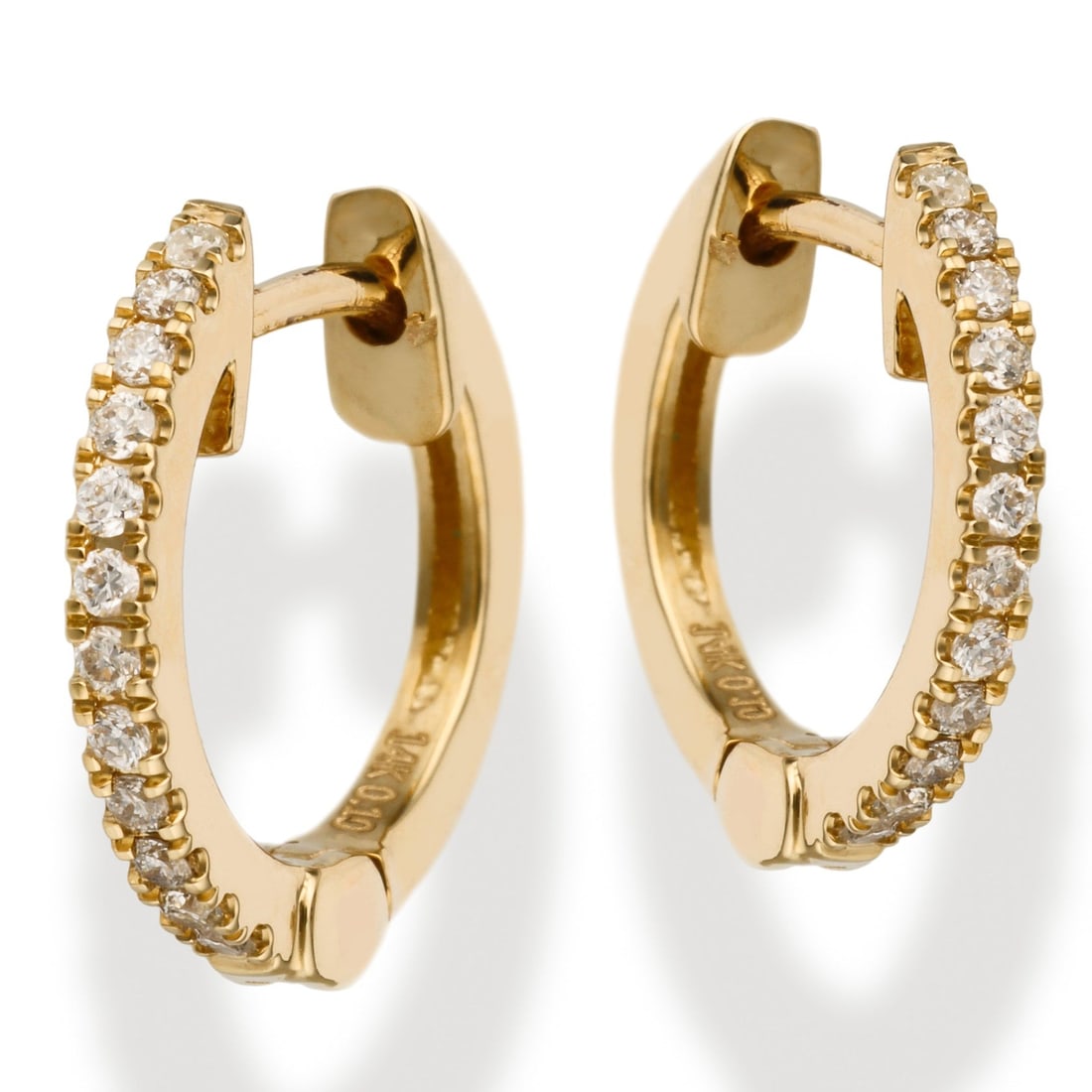 DIAMOND HUGGIES EARRINGS: 14KT. DIAMOND 11.50MM HUGGIES EARRINGS14KT GOLD WT.APPROX. 1.35 GRAMDIAMOND WT. APPROX. 0.10 CARAT/ 24 PCS11.50MM HUGGIES
