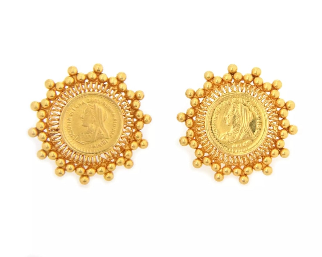 Queen Victoria Veil Head 21k Gold Coin Beaded Round Stud Earrings (1 of 4)