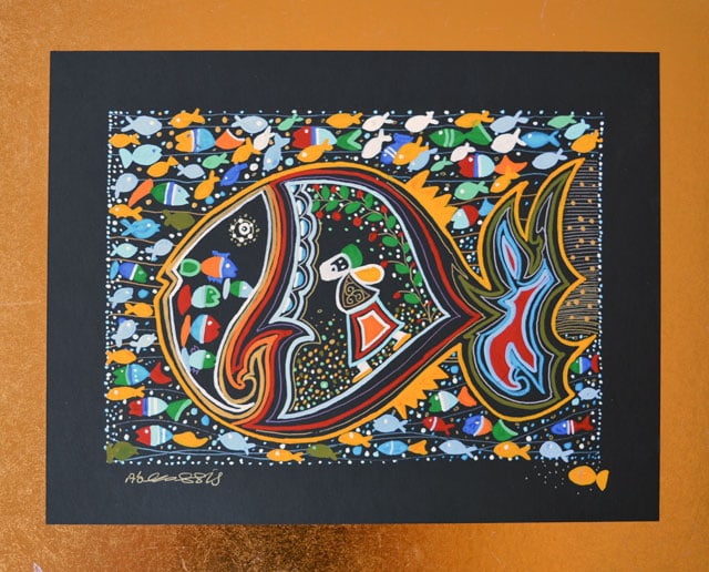 ABECASSIS **JONAH THE PROPHET INSIDE WITH WHALE** SIGNED MIXED MEDIA: Artist: Rafael Abecassis ( b. 1953) Title: Jonah The Prophet Inside the Whale Medium: Mixed Media on Paper Signature: Hand-Signed by the Artist Image Size: Approximately 6 ½ inches x 9 ¼