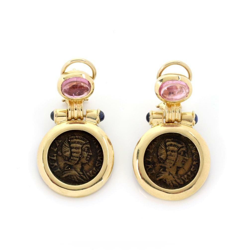 14k Yellow Gold 2.90ct Tourmaline Sapphire Coin Dangle Earrings (1 of 4)