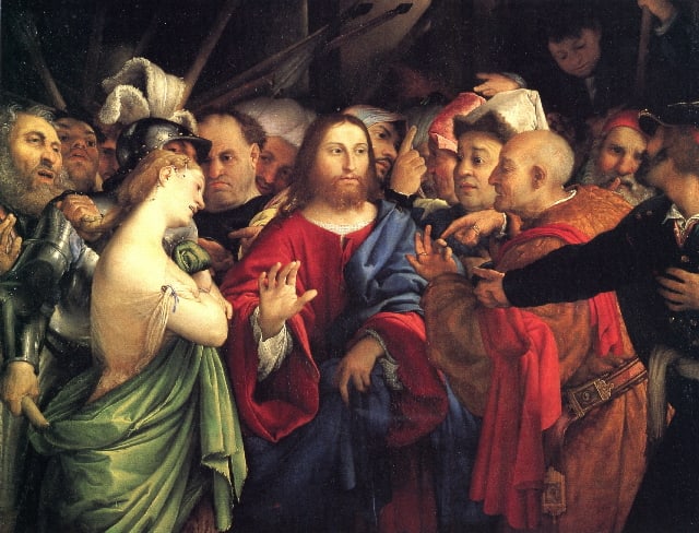 LOTTO **CHRIST AND THE ADULTERESS** GICLEE: Artist: Lorenzo Lotto Title: Christ and the Adulteress Medium: Fine Art Giclee on Canvas Image Size: Approximately 32 inches x 24 1/2 inches Framed: Unframed on Unstretched Canvas Biography: Lorenzo L