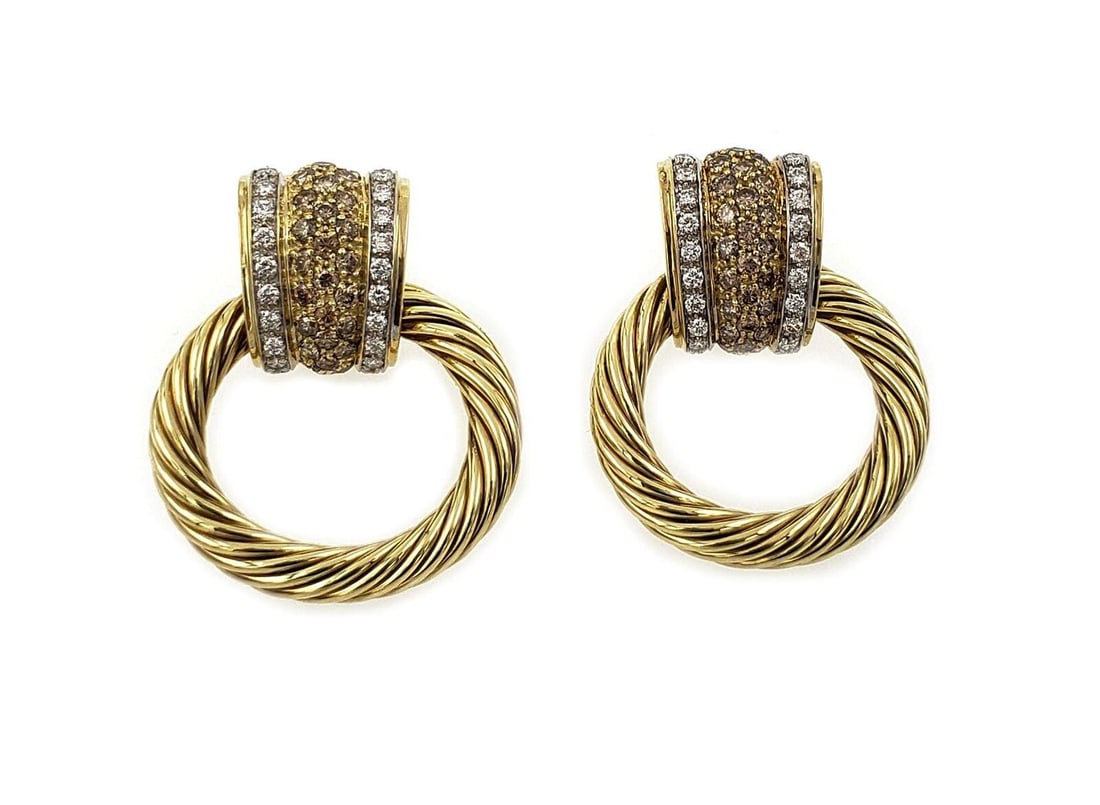 David Yurman Door Knocker Earrings Champagne Diamond 18k Gold Cable Hoop (1 of 6)