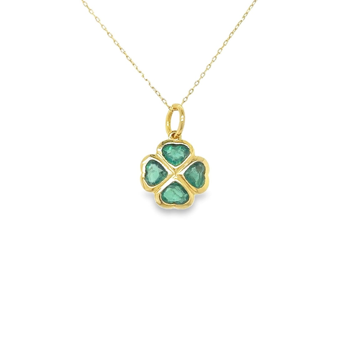 14KT YELLOW GOLD EMERALD CLOVER PENDANT: 14KT YELLOW GOLD EMERALD CLOVER PENDANT14KT. YELLOW GOLD WT. APPROX. 1.24 GRAMEMERALD WT. APPROX. 0.75 CARATPRICE IS ONLY FOR PENDANT WITHOUT CHAIN