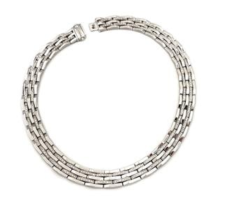 Chimento 5 Carats Diamond 18k White Gold 14mm Wide Collar Necklace: This is a stunning full length diamond collar necklace by Chimento. It is crafted from 18k white gold with a polished finish featuring 5 rows of fancy flex bar links. There are 2 rows of set with roun