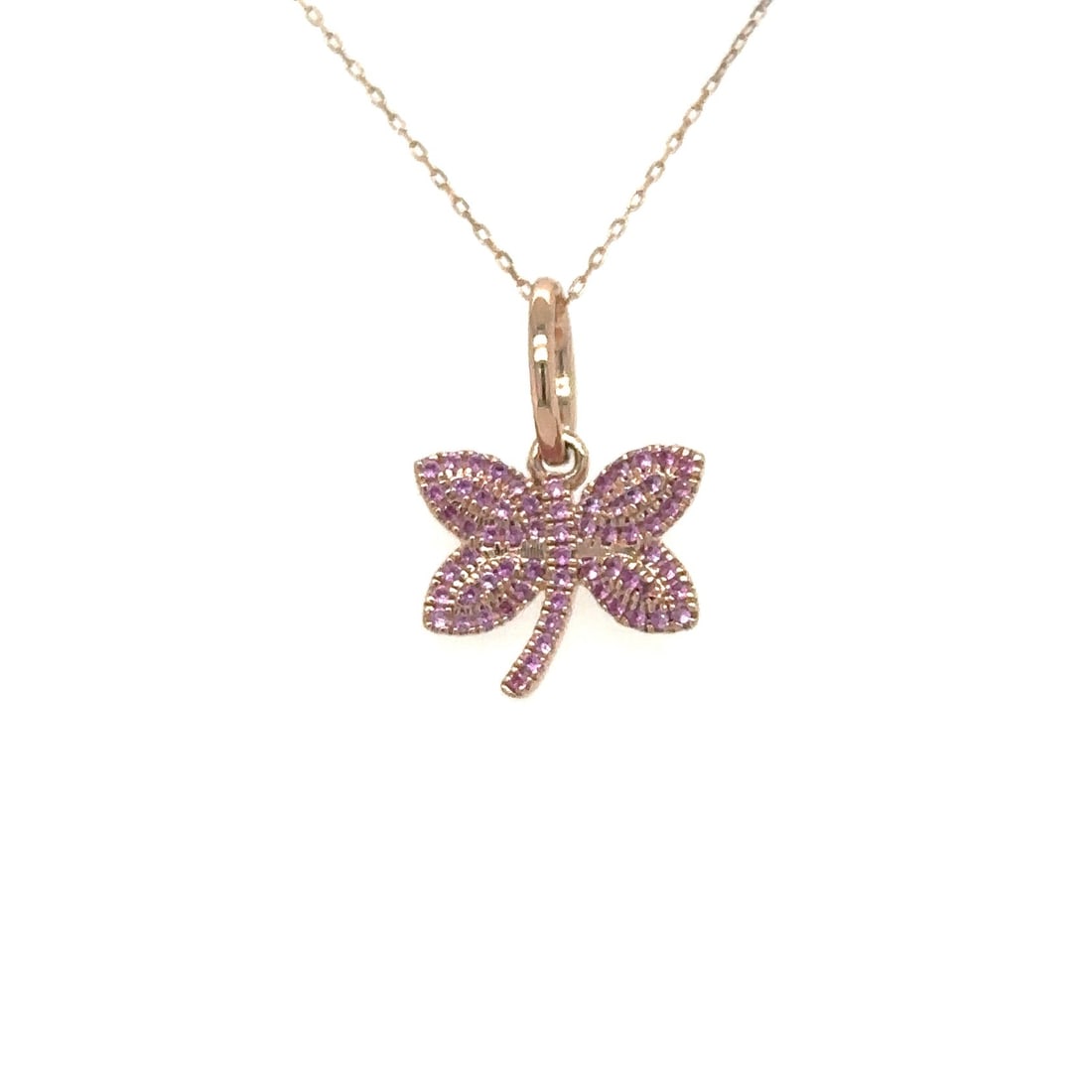 14KT ROSE GOLD PINK SAPPHIRE DRAGONFLY PENDANT: 14KT ROSE GOLD PINK SAPPHIRE DRAGONFLY PENDANT14KT ROSE GOLD WT. APPROX. 0.77 GRAMSAPPHIRE WT. APPROX. 0.18 CARAT / 64 PCSSIZE: APPOX. 12.50 MM X 11.60 MM (WITHOUT LOOP)PRICE IS ONLY FOR PENDANT WITHO