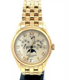 Patek Philippe Gold Moon Phase Watch Annual Calendar 37mm 18k Gold Box Cert
