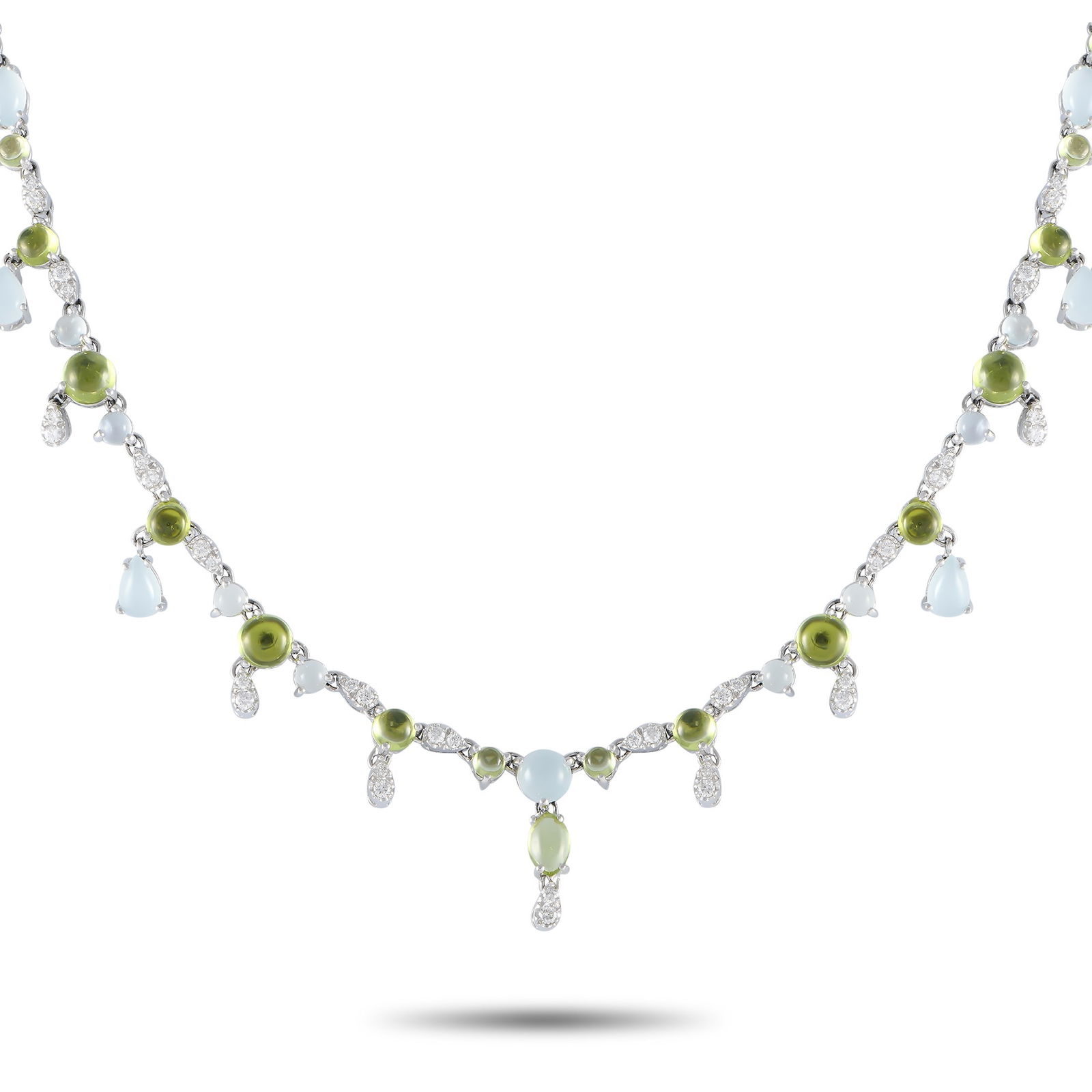Bucherer 18K White Gold 0.55ct Diamond, Aquamarine and Peridot Necklace: This Bucherer creation can do many things. It can accentuate your collarbone, draw attention to your face, and elevate a monochromatic outfit effortlessly. The necklace is crafted in 18K white gold an