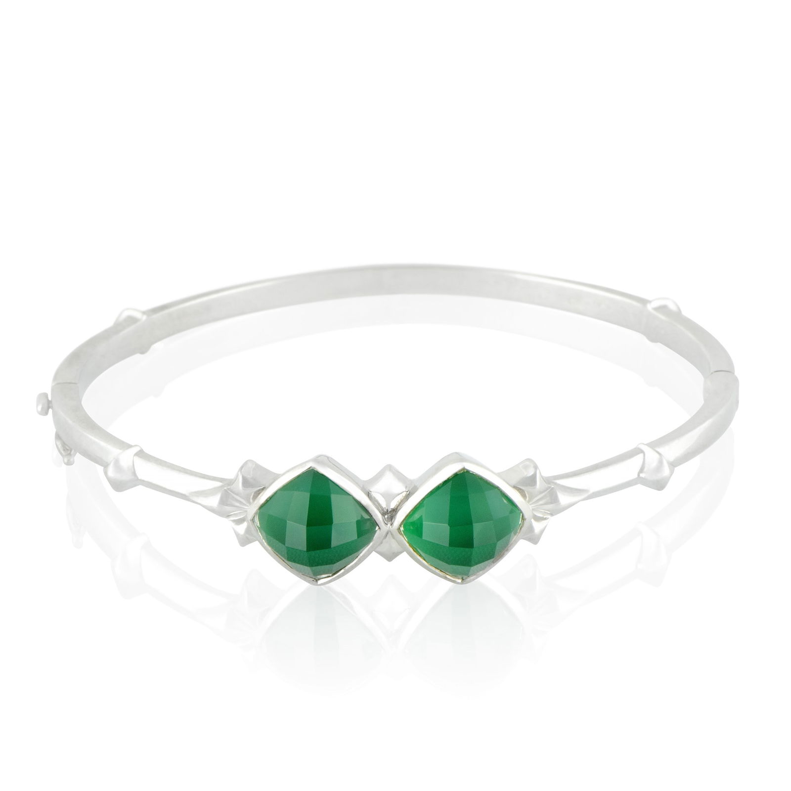 Stephen Webster Silver Chrysoprase and Quartz Bangle Bracelet: Blending spotless brightness with attractive color, this stunning bangle from Stephen Webster boasts the quintessential Superstud design, made of white rhodium-plated silver and set with appealing syn