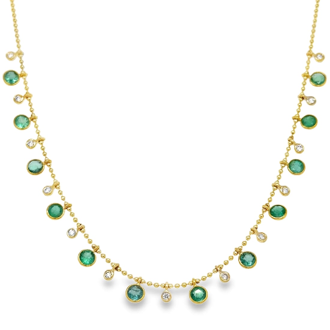14KT YELLOW GOLD ROUND SHAPE EMERALD AND DIAMOND DANGLING NECKLACE (1 of 3)
