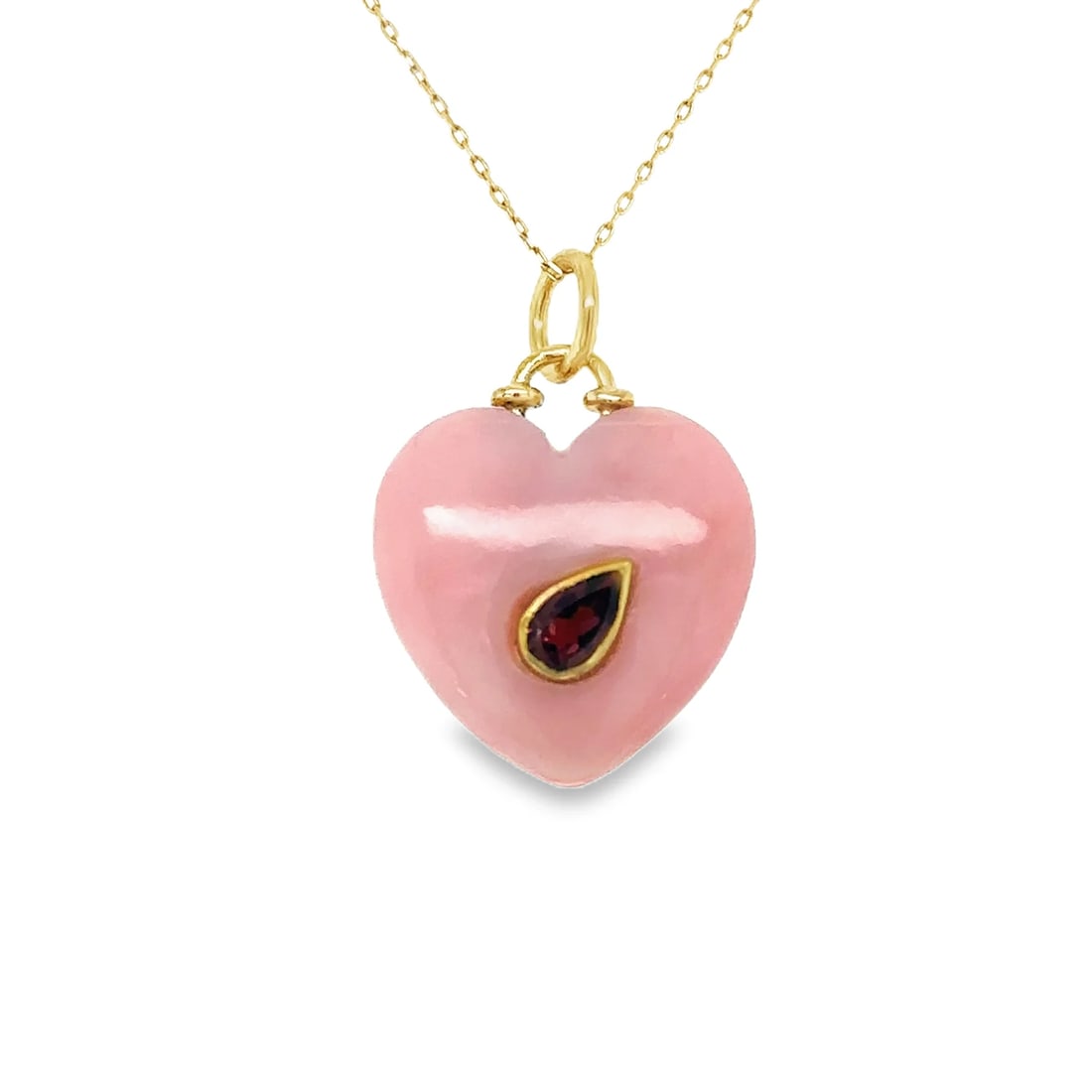 14KT YELLOW GOLD PINK OPAL AND TOURMALINE HEART PENDANT: 14KT YELLOW GOLD PINK OPAL AND TOURMALINE HEART PENDANT14KT GOLD WT. APPROX. 0.42 GRAMSTONE WT. APPROX. 8.67 CARATSIZE: 16 MM X 19 MMPRICE IS ONLY FOR PENDANT WITHOUT CHAIN