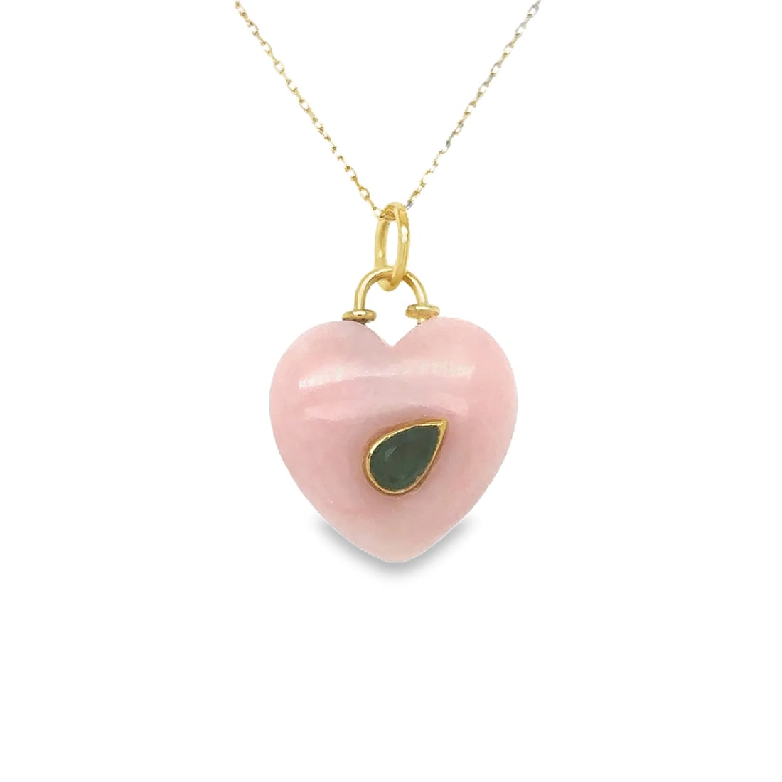 14KT YELLOW GOLD PINK OPAL AND EMERALD HEART PENDANT: 14KT YELLOW GOLD PINK OPAL AND EMERALD HEART PENDANT14KT GOLD WT. APPROX. 0.41 GRAMSTONE WT. APPROX. 8.31 CARATSIZE: 16 MM X 19 MMPRICE IS ONLY FOR PENDANT WITHOUT CHAIN