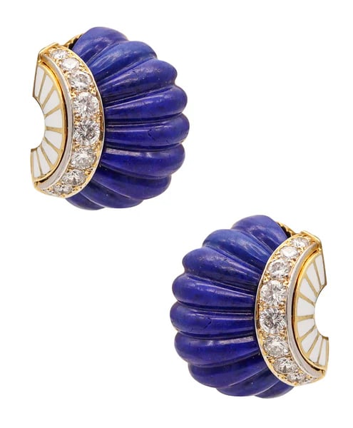 DAVID WEBB 1970 Clips-on Earrings In 18Kt Gold With 41.68 Ctw In Diamonds &  Lapis (1 of 7)