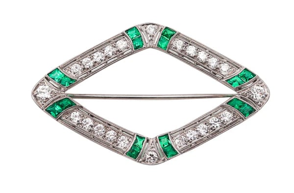 MARCUS & CO. 1910 Edwardian Brooch In Platinum With 3.12 Ctw In Diamonds &  Emeralds (1 of 6)