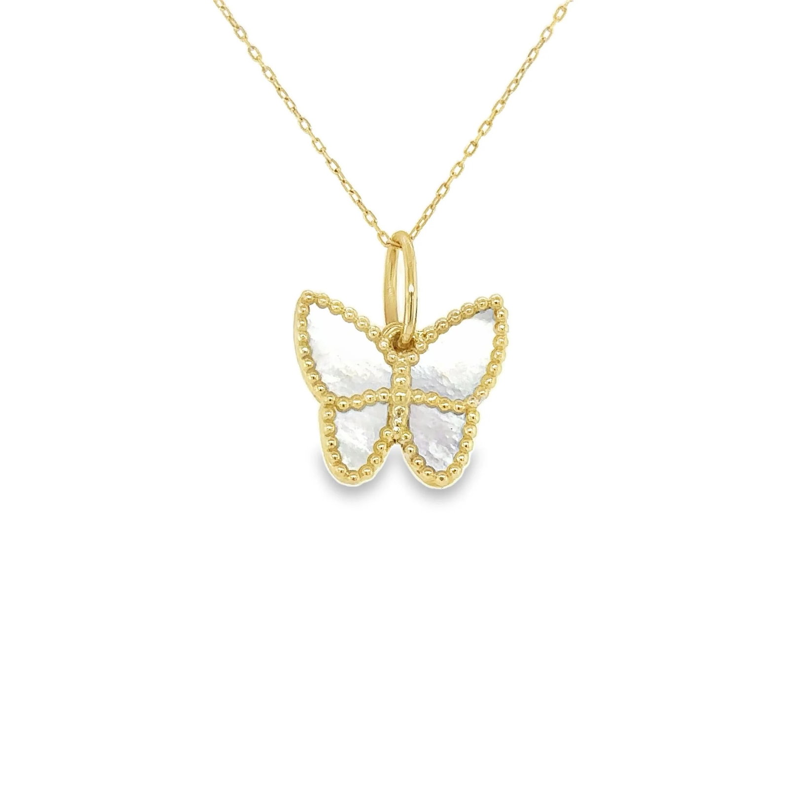 14KT YELLOW GOLD MOTHER OF PEARL BUTTERFLY PENDANT: 14KT YELLOW GOLD MOTHER OF PEARL BUTTERFLY PENDANT14KT GOLD WT. APPROX. 1.4 GRAMSIZE APPROX. 13 MM X 12 MMPRICE IS ONLY FOR PENDANT WITHOUT CHAIN