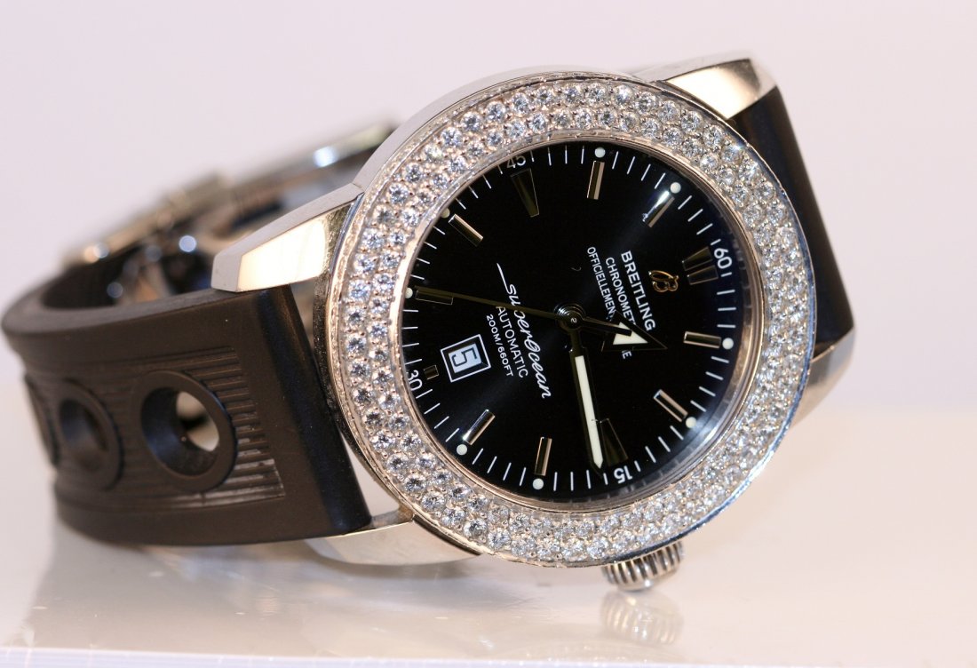 Breitling Watch Super Ocean, Custom 6.00 carat Diamond: Breitling Super Ocean , custom 6.00 carat diamond bezel.