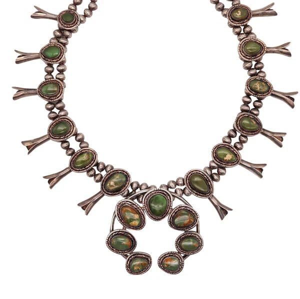 Native American Navajo 1950 Squash Blossom Necklace Sterling And Green  Turquoise (1 of 7)