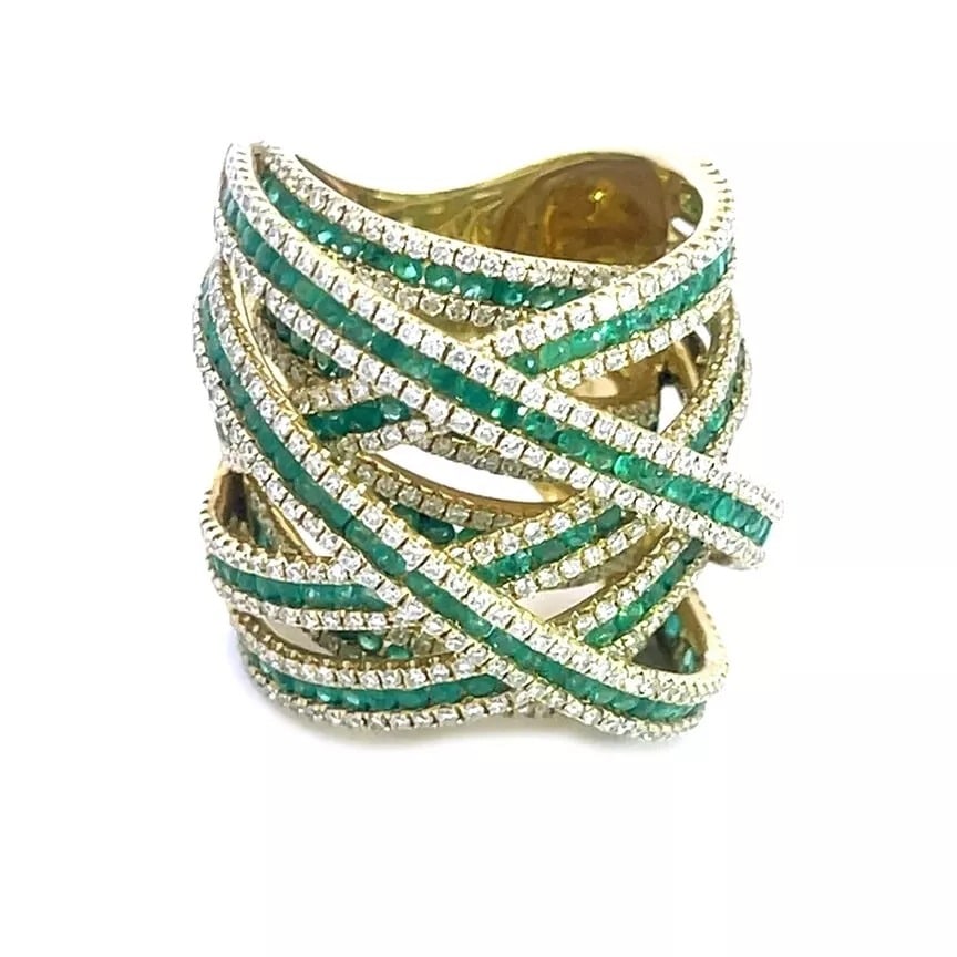 Emerald Diamond Gold Ring Large 18k Yellow Multi Crossover Over Design (1 of 6)