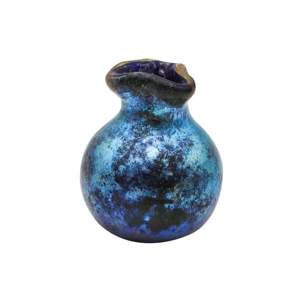 Loetz Austria 1900 Art Nouveau Miniature Cabinet Vase In Blue Iridescent Art Glass: Miniature glass vase designed by Loetz.Gorgeous and very beautiful antique miniature cabinet glass vase, created by Loetz. Made in Bohemia, Austria during the art nouveau period, back in the turn of t