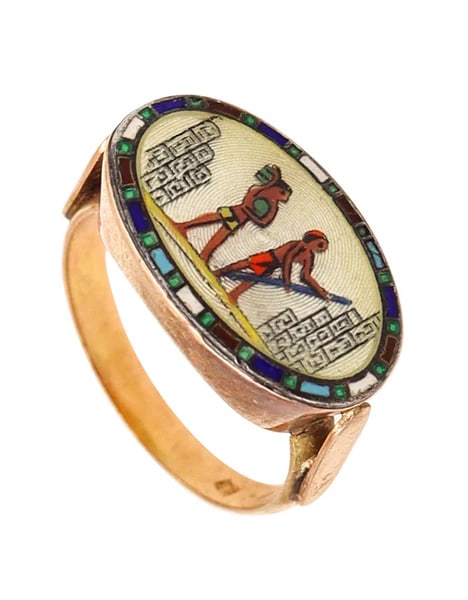 Austrian 1920 Deco Egyptian Revival Ring In 14Kt Yellow Gold With  Guilloche Enamel (1 of 6)