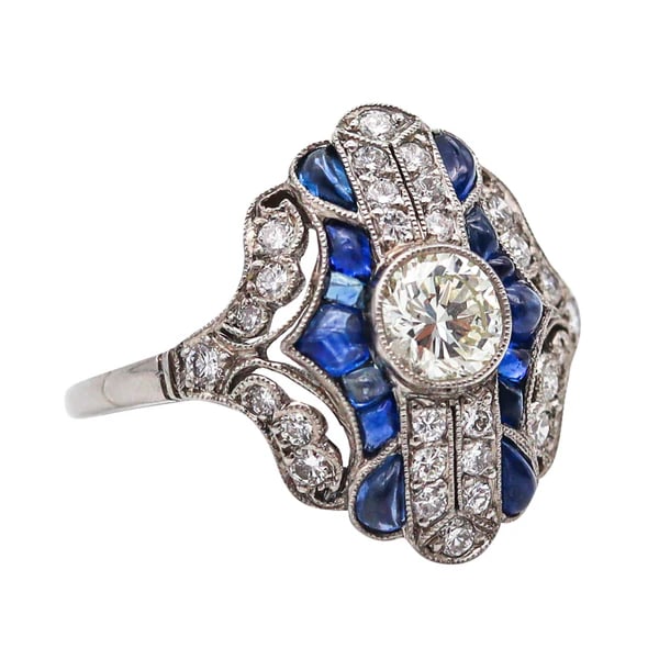 ART DECO 1930 Geometric Ring In Platinum With 1.69 Ctw In Diamonds &  Sapphires (1 of 8)