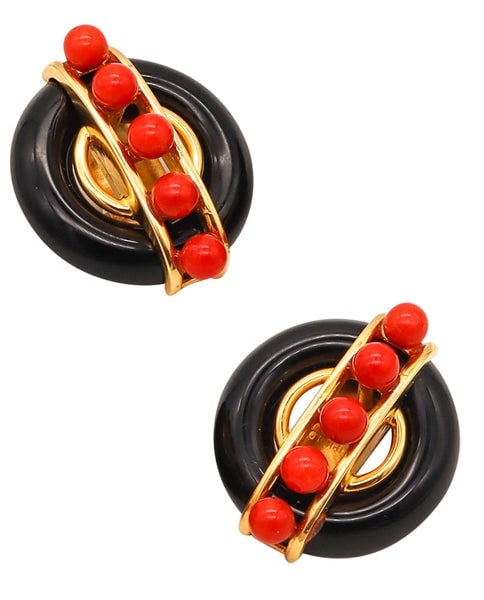 Cartier 1974 Aldo Cipullo Sculptural Earrings In 18Kt Yellow Gold With Onyx & Coral (1 of 5)