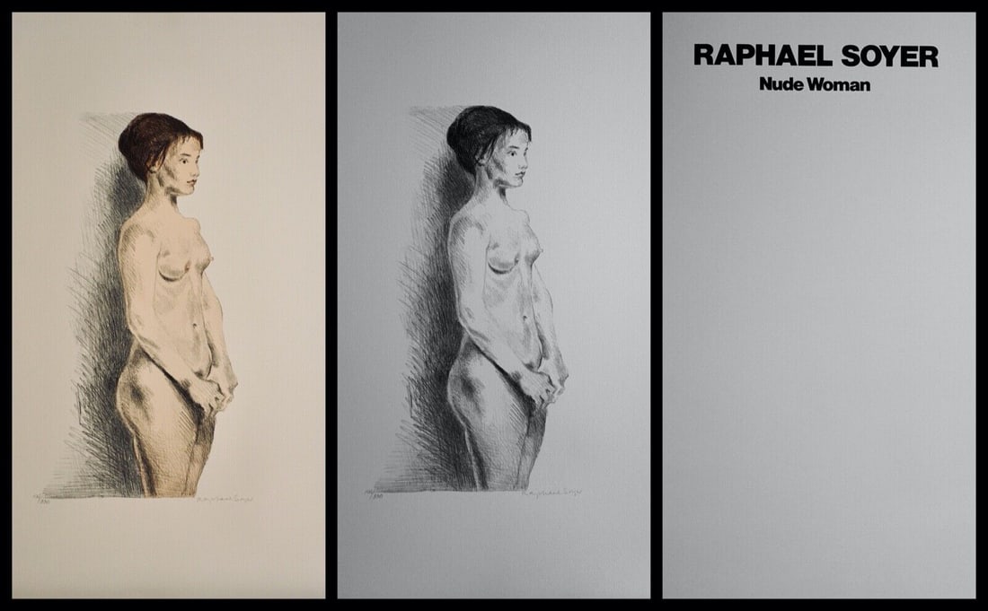 Raphael Soyer 2 Lithographs Nude Woman Portfolio: 2 Lithographs, 1 printed in color and 1 printed in black and white titled Nude Woman Portfolio Each lithograph is Signed lower right Each lithograph is numbered from the edition of 300 Sight size 21.5