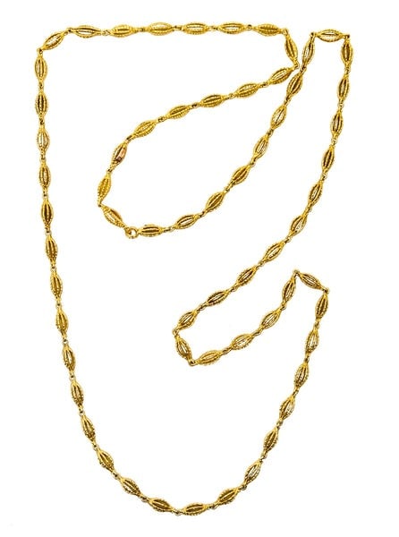 ANDREW GRIMA 1969 London Long Textured Chain In Solid 18Kt Yellow Gold: Chain designed by Andrew Grima for Omega Watch Co. Swiss.This is an outstanding and very rare long chain, created in London England by the iconic goldsmith and designer Andrew Grima, back in the 1969.