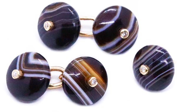 SCOTTISH AGATE & DIAMONDS 18 KT PAIR OF CUFFLINKS AND TIE PIN (1 of 4)
