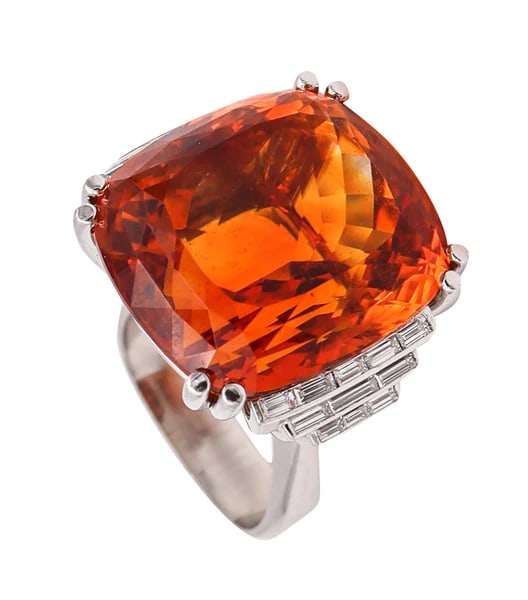 Georg Jensen And Wendel 1940 Art Deco Ring In 18Kt Gold With 42.94 Cts In Diamonds And Citrine: Art deco geometric cocktail ring designed by Georg Jensen & Wendel.Gorgeous bold piece, created in Denmark by the jewelry house of Georg Jensen & Wendel, back in the early 1940's. This magnificent coc