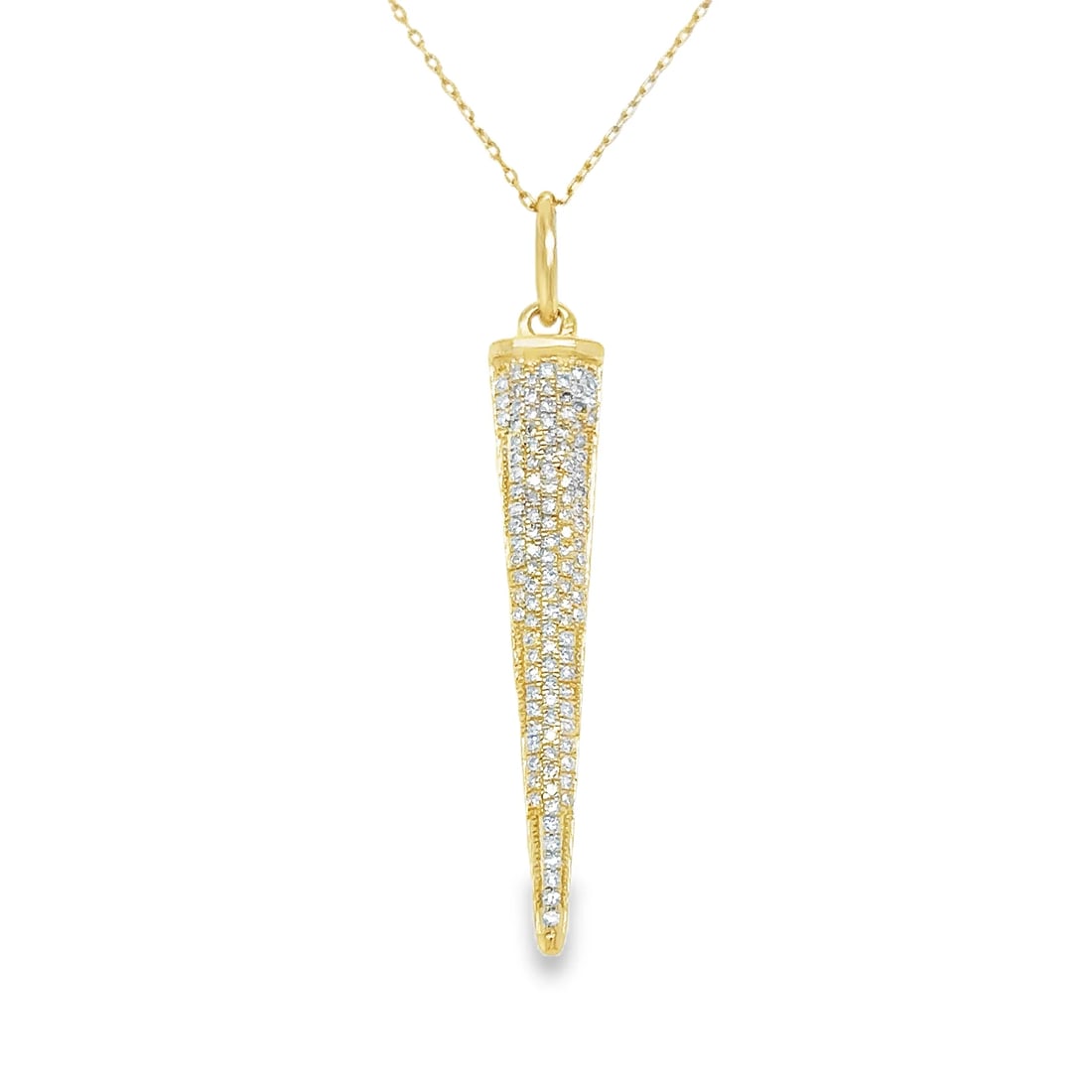 14KT YELLOW GOLD SPIKE PENDANT WITH DIAMONDS: 14KT YELLOW GOLD SPIKE PENDANT WITH DIAMONDS14KT GOLD WT. APPROX. 2.20 GRAMDIAMOND WT. APPROX. 0.20 CARAT / 118 PCSSIZE: APPOX. 5.5 MM X 32 MM (WITHOUT LOOP)PRICE IS ONLY FOR PENDANT WITHOUT CHAIN